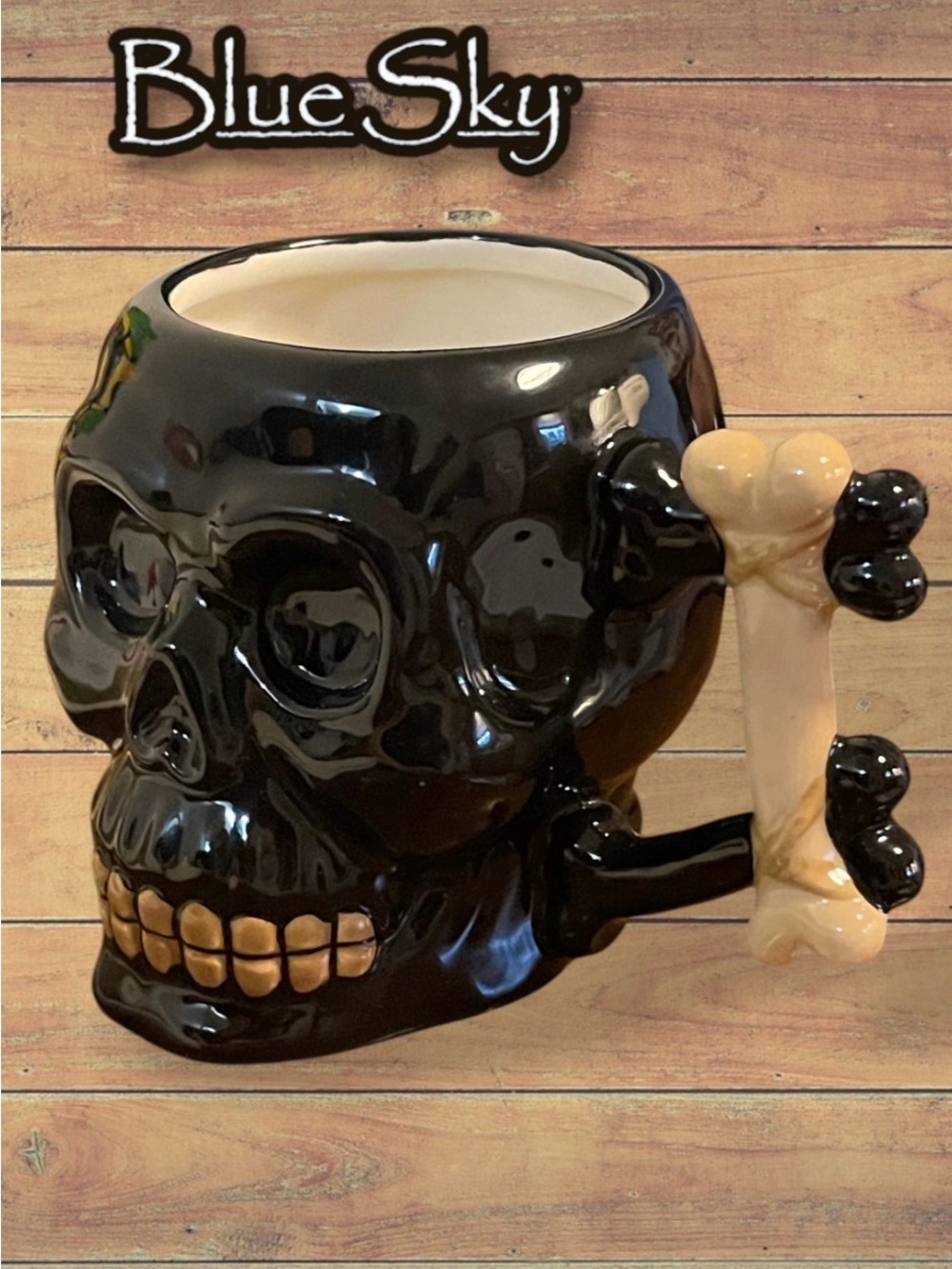 Blue Sky Clayworks Black Skull Mug with Bone Handle – Gothic Halloween Decor
